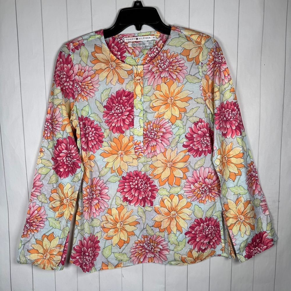 VTG Y2K Tommy Hilfiger Cotton Colorful Floral Top Tunic Blouse Spring Feminine 8